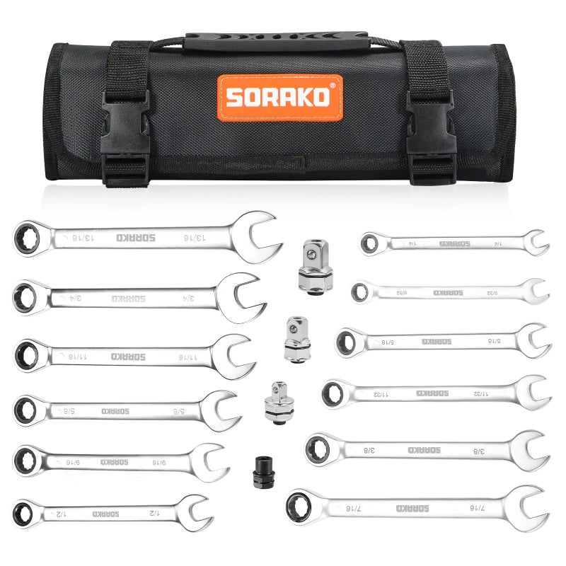 SORAKO 12 Piece Ratcheting Wrench Set  SAE 1/4-13/16 Chrome Vanadium Steel Wrenches  Combination Wrench Set for Car Repair and Household Equipment Repair with Handbag - Image 1